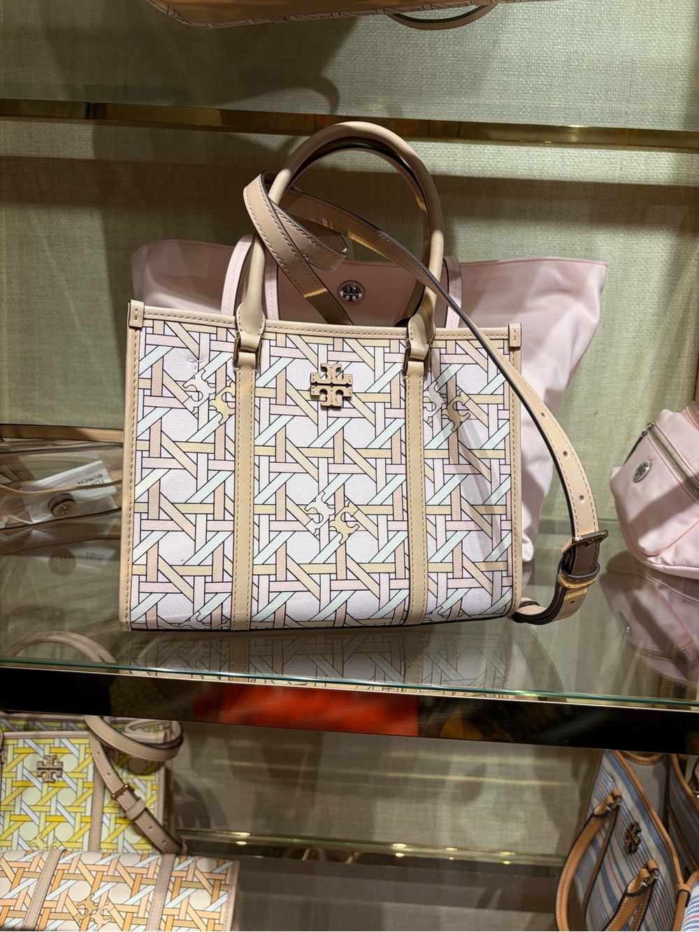Tory Burch brake patten Canvas Tote with Tan Leather in pink  color new
